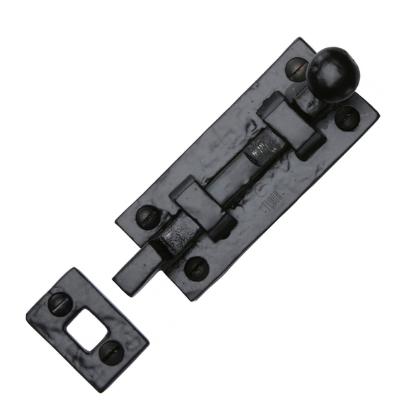 TC169 76 • 086mm • Antique Black Iron • Heritage Brass Cranked Door Bolt